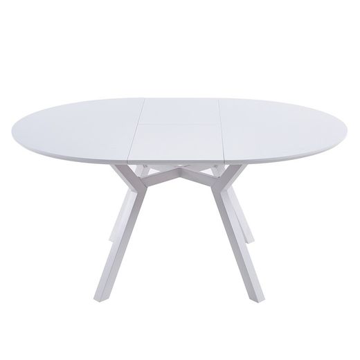 Tavolo da pranzo rotondo allungabile in legno e metallo bianco, 120-160 x 120 x 75 cm | Delta