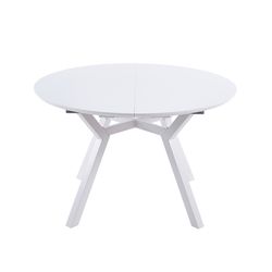 Tavolo da pranzo rotondo allungabile in legno e metallo bianco, 120-160 x 120 x 75 cm | Delta
