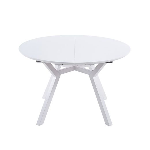 Tavolo da pranzo rotondo allungabile in legno e metallo bianco, 120-160 x 120 x 75 cm | Delta