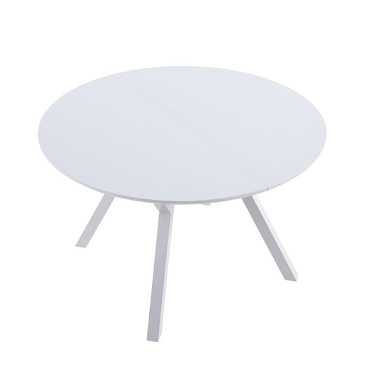 Tavolo da pranzo rotondo allungabile in legno e metallo bianco, 120-160 x 120 x 75 cm | Delta