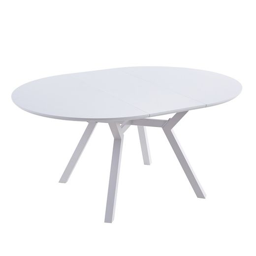 Tavolo da pranzo rotondo allungabile in legno e metallo bianco, 120-160 x 120 x 75 cm | Delta