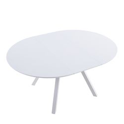 Tavolo da pranzo rotondo allungabile in legno e metallo bianco, 120-160 x 120 x 75 cm | Delta