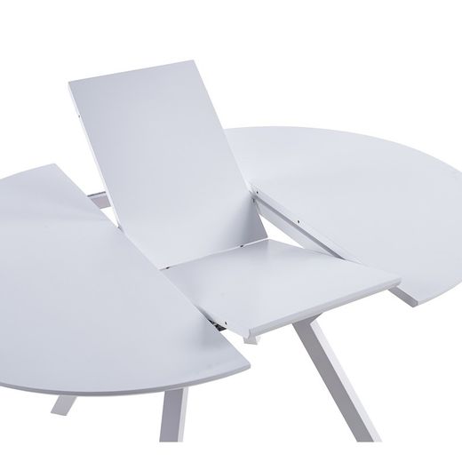 Tavolo da pranzo rotondo allungabile in legno e metallo bianco, 120-160 x 120 x 75 cm | Delta