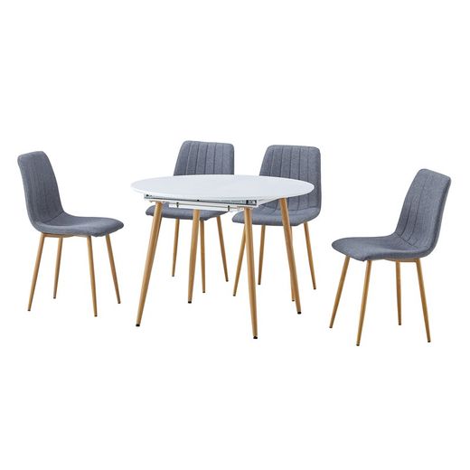 Mesa de jantar redonda extensível em madeira e metal em branco e natural, 100-140 x 100 x 75 cm | ártico