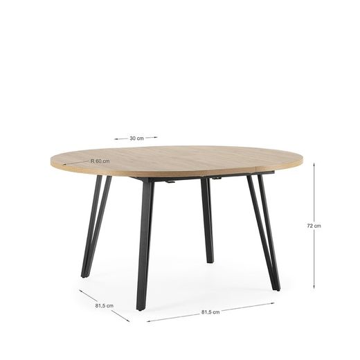 επεκτεινόμενη στρογγυλή τραπεζαρία από ξύλο και μέταλλο σε δρυς και μαύρο, 120-150 x 120 x 77 cm | Κλεό