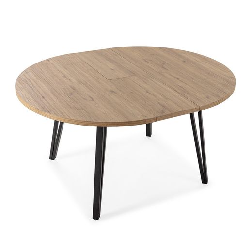 επεκτεινόμενη στρογγυλή τραπεζαρία από ξύλο και μέταλλο σε δρυς και μαύρο, 120-150 x 120 x 77 cm | Κλεό