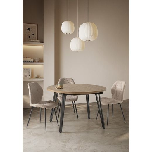 επεκτεινόμενη στρογγυλή τραπεζαρία από ξύλο και μέταλλο σε δρυς και μαύρο, 120-150 x 120 x 77 cm | Κλεό