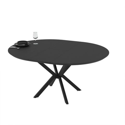 Table de salle à manger ronde extensible en bois et métal noir, 126/160 x 126/160 x 76 cm | Naira