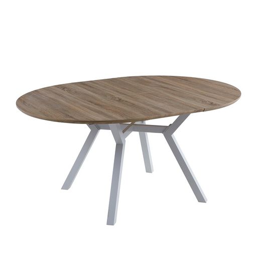 Extendable round wooden and metal dining table in oak and white, 120-160 x 120 x 75 cm | Delta