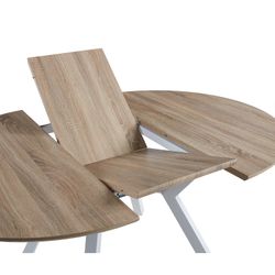 Extendable round wooden and metal dining table in oak and white, 120-160 x 120 x 75 cm | Delta