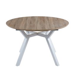 Extendable round wooden and metal dining table in oak and white, 120-160 x 120 x 75 cm | Delta