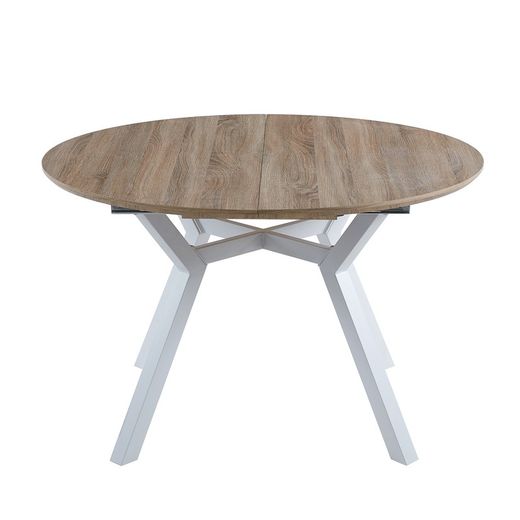 Extendable round wooden and metal dining table in oak and white, 120-160 x 120 x 75 cm | Delta