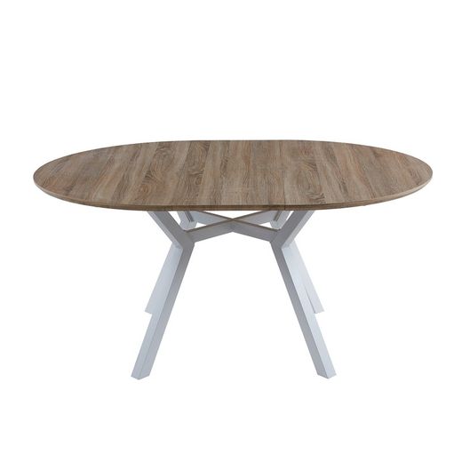 Extendable round wooden and metal dining table in oak and white, 120-160 x 120 x 75 cm | Delta