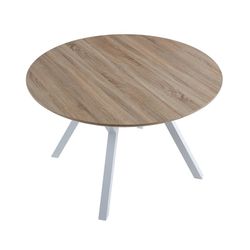 Extendable round wooden and metal dining table in oak and white, 120-160 x 120 x 75 cm | Delta