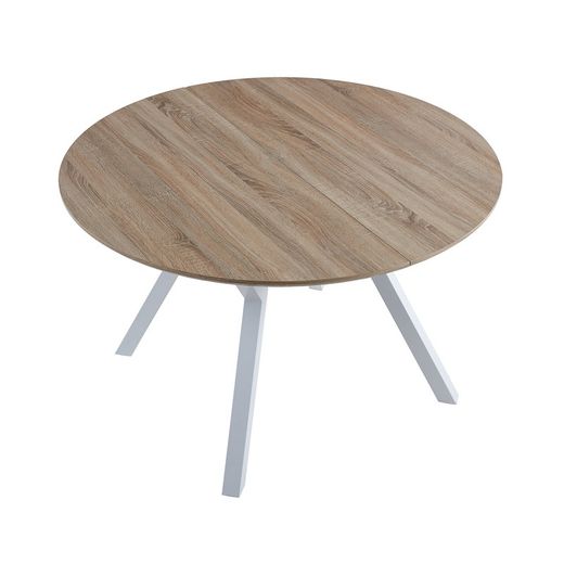 Extendable round wooden and metal dining table in oak and white, 120-160 x 120 x 75 cm | Delta