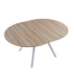 Extendable round wooden and metal dining table in oak and white, 120-160 x 120 x 75 cm | Delta