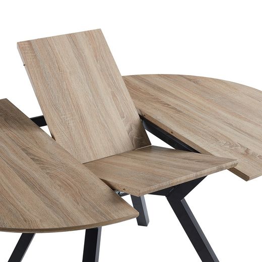 Extendable round wooden and metal dining table in oak and black, 120-160 x 120 x 75 cm | Delta