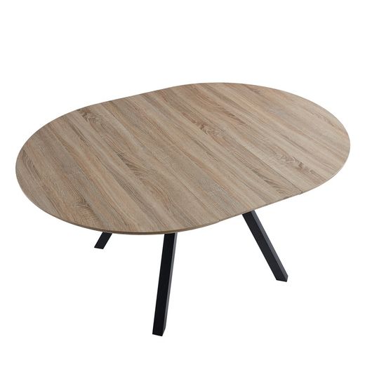 Extendable round wooden and metal dining table in oak and black, 120-160 x 120 x 75 cm | Delta