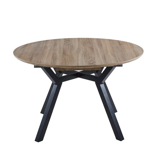 Extendable round wooden and metal dining table in oak and black, 120-160 x 120 x 75 cm | Delta
