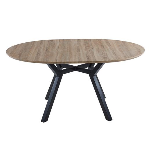 Extendable round wooden and metal dining table in oak and black, 120-160 x 120 x 75 cm | Delta