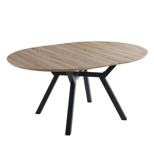 Extendable round wooden and metal dining table in oak and black, 120-160 x 120 x 75 cm | Delta