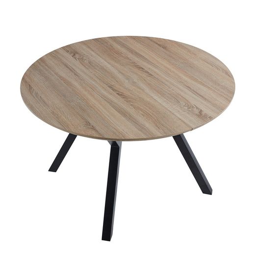 Extendable round wooden and metal dining table in oak and black, 120-160 x 120 x 75 cm | Delta