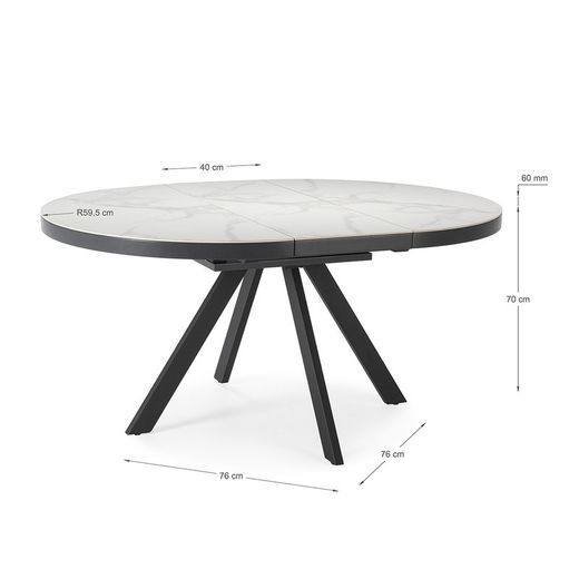Extendable round dining table in synthetic stone and MDF in black and white, 120-160 x 120 x 76 cm | Bela