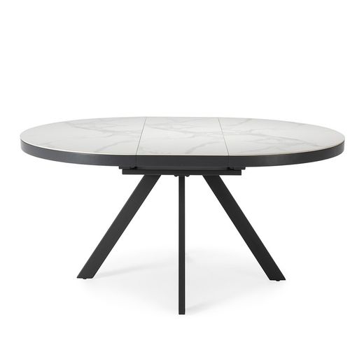 Extendable round dining table in synthetic stone and MDF in black and white, 120-160 x 120 x 76 cm | Bela