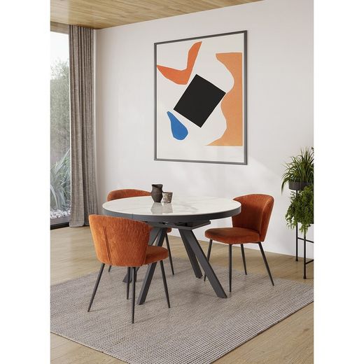 Extendable round dining table in synthetic stone and MDF in black and white, 120-160 x 120 x 76 cm | Bela