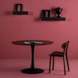 Round black wooden dining table with metal leg, 110 x 110 x 75 cm