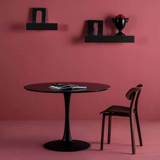 Round black wooden dining table with metal leg, 110 x 110 x 75 cm