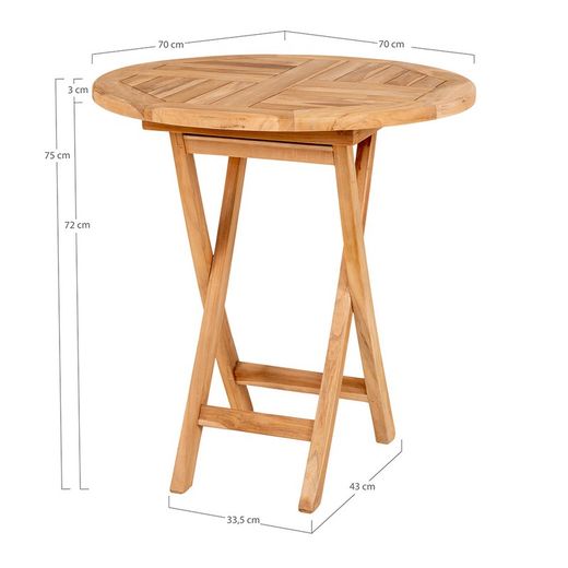 Table à manger de jardin ronde en bois de teck naturel, 70 x 70 x 75 cm | Oviedo