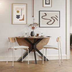 Round folding dining table in wood and metal, oak color, 110 x 110 x 75 cm | Avia