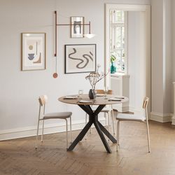 Round folding dining table in wood and metal, oak color, 110 x 110 x 75 cm | Avia