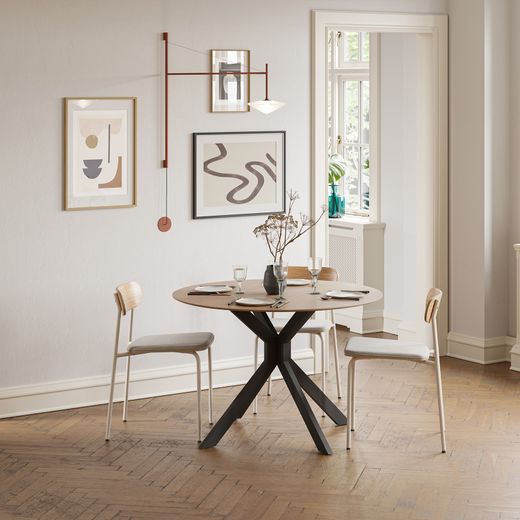 Round folding dining table in wood and metal, oak color, 110 x 110 x 75 cm | Avia