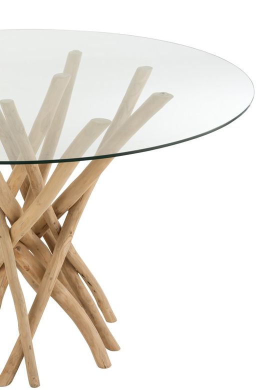 Mesa de Jantar TECK com Ramos e Vidro Natural/Transparente, Ø120x75 cm