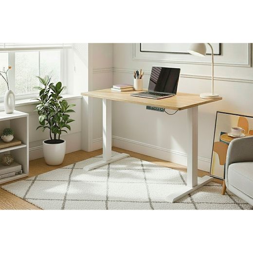 Mesa de escritorio elevable motorizada de madera y metal en color roble y blanco, 120 x 60 x 70 - 118 cm | New