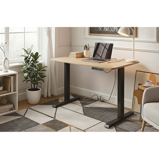 Mesa de escritorio elevable motorizada de madera y metal en color roble y negro, 120 x 60 x 70 - 118 cm | New