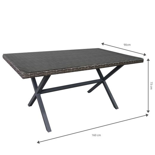 Tuintafel staal en kunststof rotan 160x90x73 cm grijs met glas