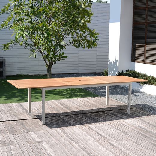 Garden set, 1 Table and 4 Gray Aluminum and Natural Wood Chairs