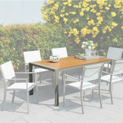 Mesa de comedor de exterior de madera natural y aluminio gris, 170x96,5x75 cm