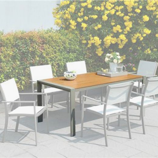 Mesa de comedor de exterior de madera natural y aluminio gris, 170x96,5x75 cm
