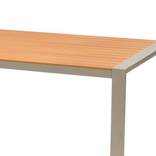 Mesa de comedor de exterior de madera natural y aluminio gris, 170x96,5x75 cm