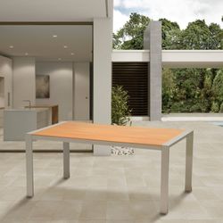 Mesa de comedor de exterior de madera natural y aluminio gris, 170x96,5x75 cm