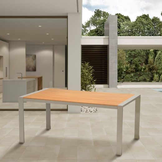 Mesa de comedor de exterior de madera natural y aluminio gris, 170x96,5x75 cm