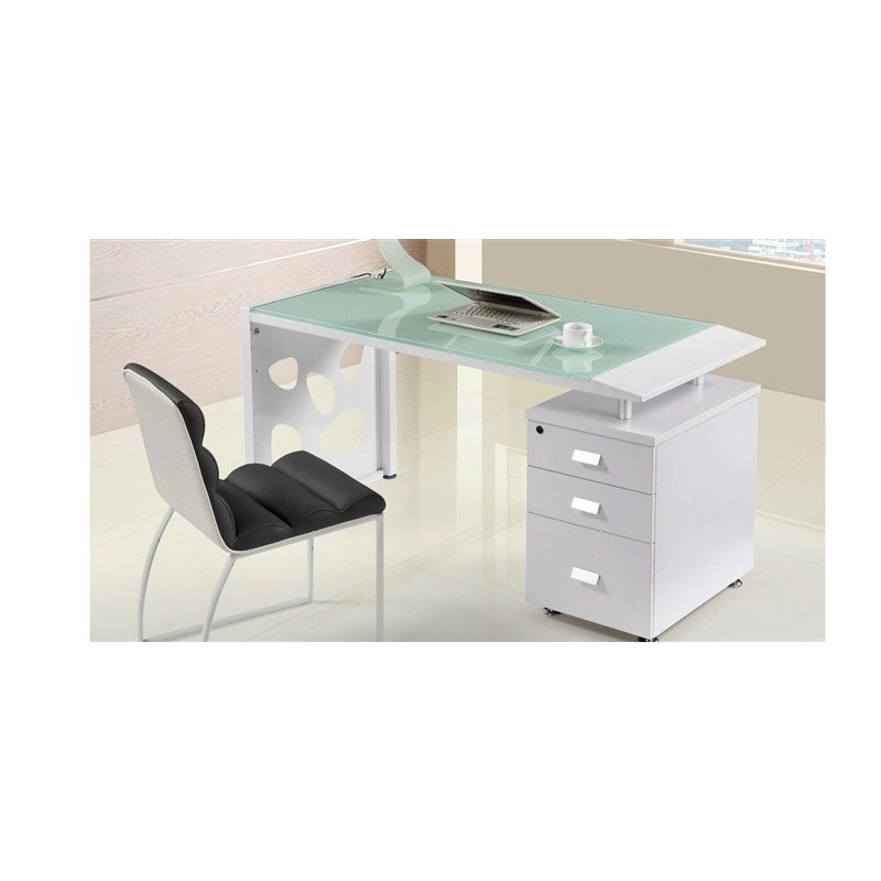 Table de bureau en verre et acier avec tiroirs à droite, 140 x 70