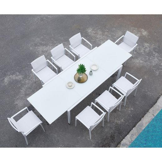 Dining set with extendable garden table in white aluminum | Orick