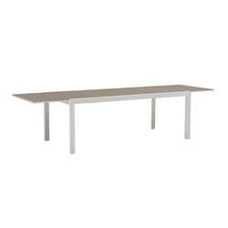 Uitschuifbare aluminium en glazen tafel in wit en taupe, 200-300 x 100 x 75 cm | Orik