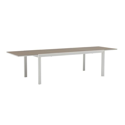 Uitschuifbare aluminium en glazen tafel in wit en taupe, 200-300 x 100 x 75 cm | Orik
