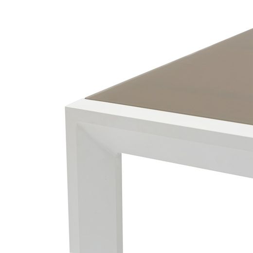 Uitschuifbare aluminium en glazen tafel in wit en taupe, 200-300 x 100 x 75 cm | Orik
